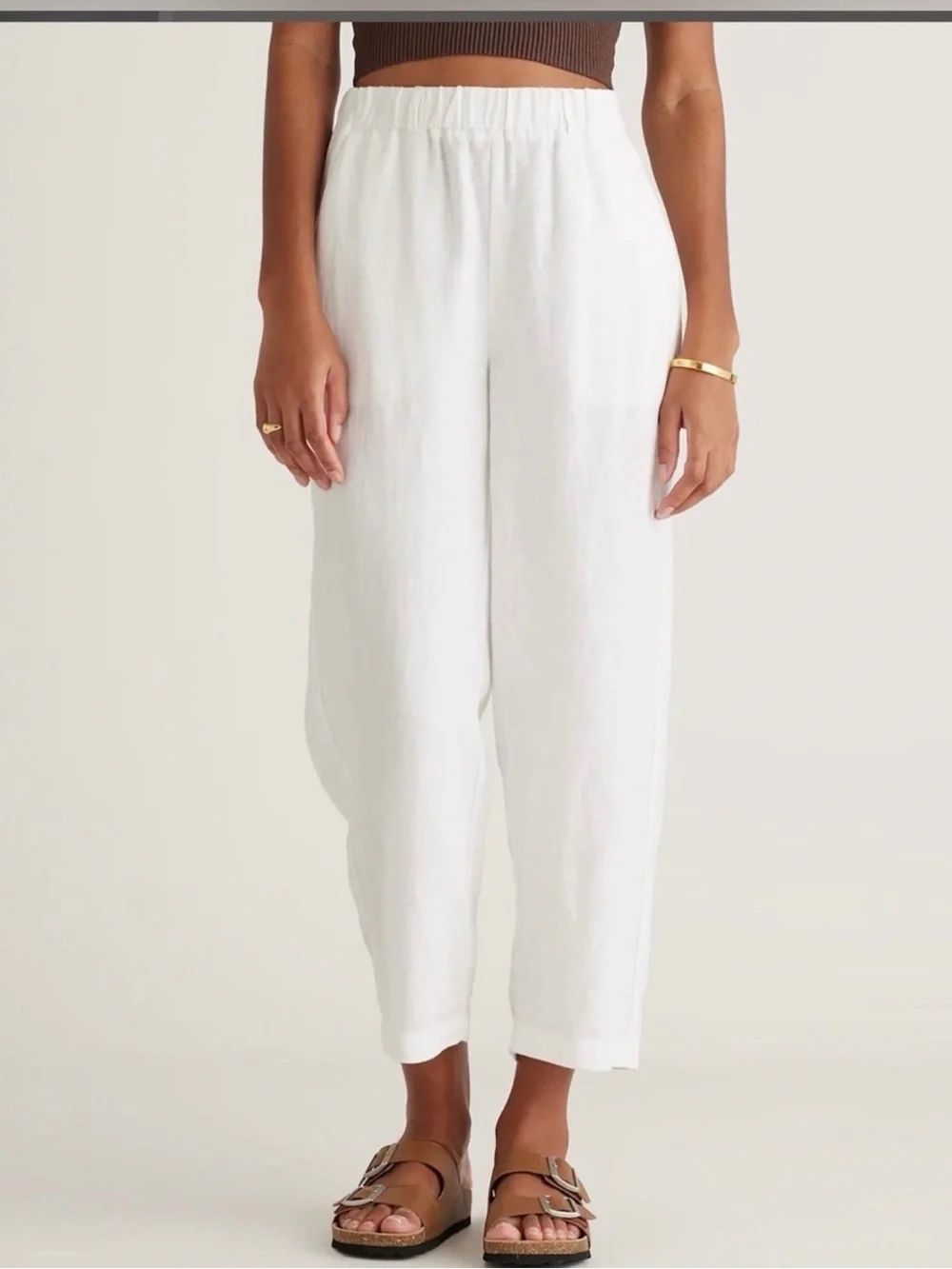 Quince 100% European Linen Pants White Cropped  Elastic-Waist Pockets Size M